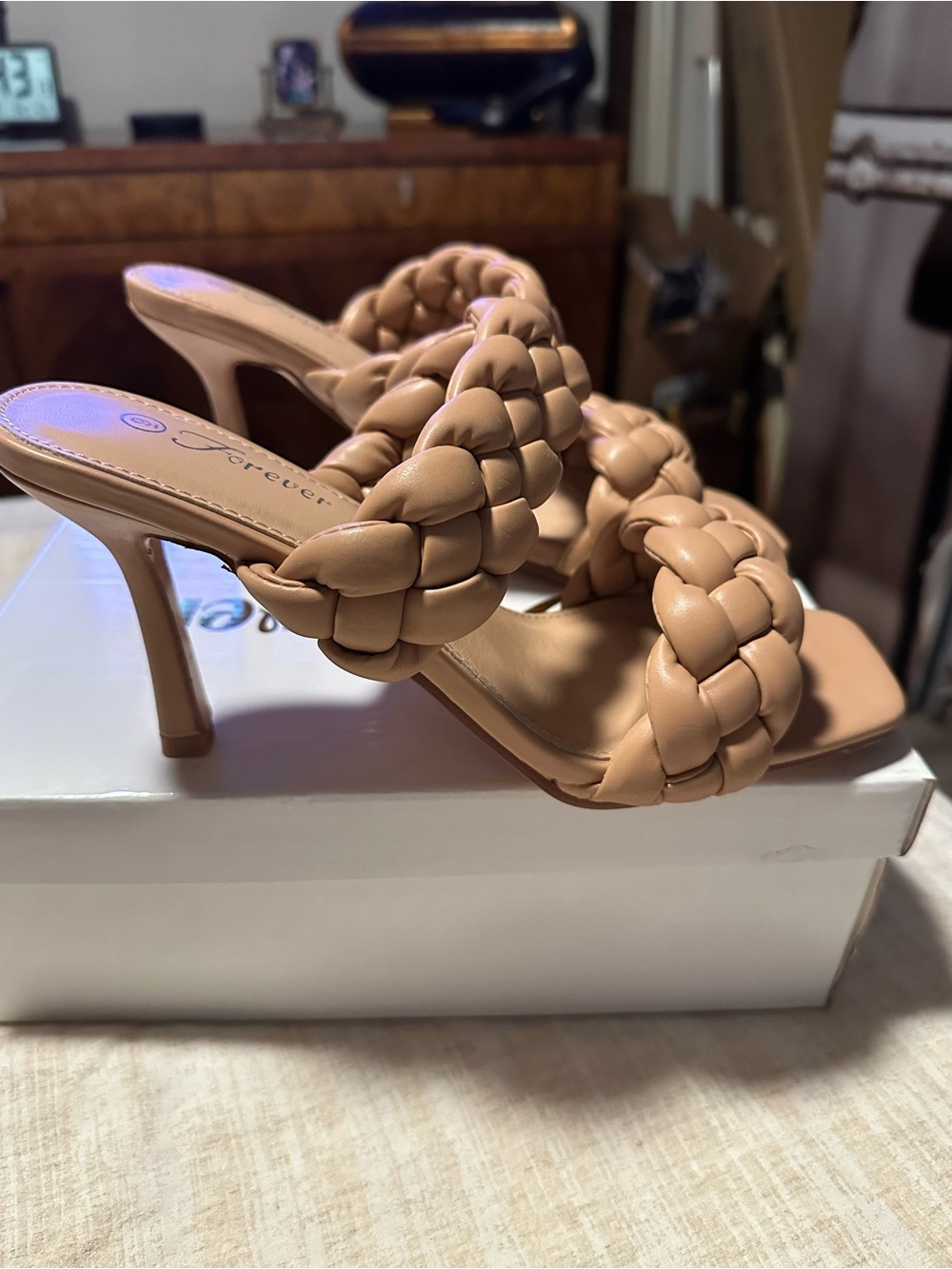 Forever Square 68 Nude Braided Heeled Sandals With Square Toe & Slip-On 4” heel. - Picture 5 of 10
